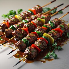 grilled meat with vegetables food pork beef barbecue lunch gourmet cuisine delicious dish grill fresh healthy kebab restaurant picnic white background isolated close-up