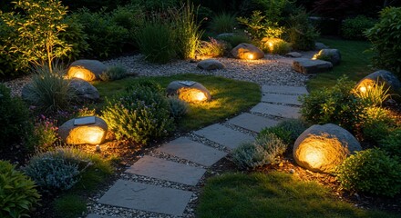 Illuminated garden path with stone lights and lush greenery at twilight