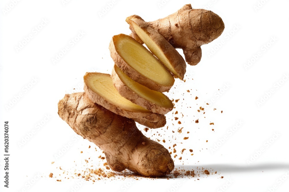 Poster sliced ginger root floating in mid-air with crumbs all around it creates a visually striking display