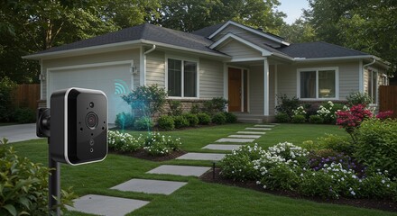 Modern Home Security Camera with WiFi Signal in Front Yard Garden