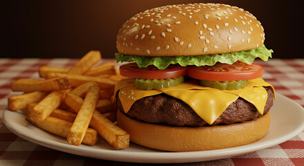 Hamburger and French fries served as a classic fast food meal