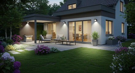 Modern house with illuminated patio, outdoor furniture, and lush garden at dusk