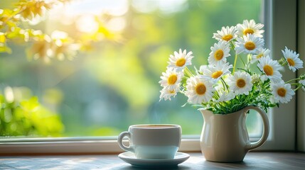 It's morning, there's a bouquet of daisies and a cup of hot coffee on the table by the open window, and the sun and garden are outside.