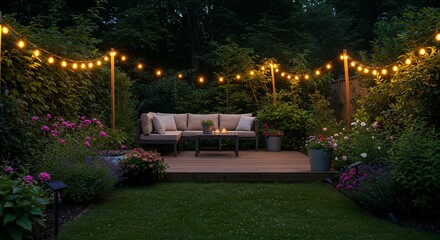 Cozy backyard patio illuminated by string lights at dusk, surrounded by lush greenery and colorful flowers