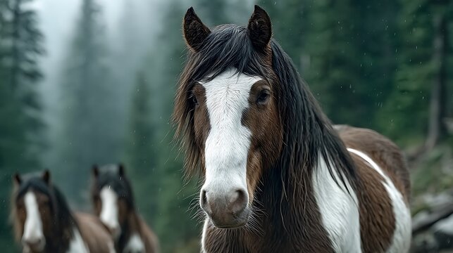A herd of wild horses running through a foggy forest path, dynamic motion and misty light rays