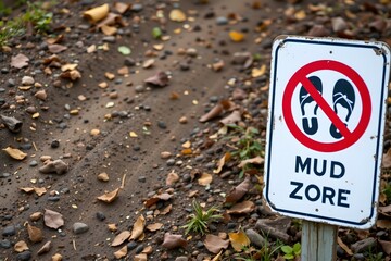Mud Zone Warning: A weathered sign stands guard in a muddy area, its bold warning, an image and a clear message of caution in a public outdoor space. 