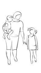 One continuous line drawing on white isolated background. Minimalism linear illustration. child, mother, family, woman, lifestyle, happiness, walk, childhood, outdoors, holding, hand