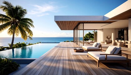 Modern villa with infinity pool overlooking ocean at sunset, palm tree and lounge chairs