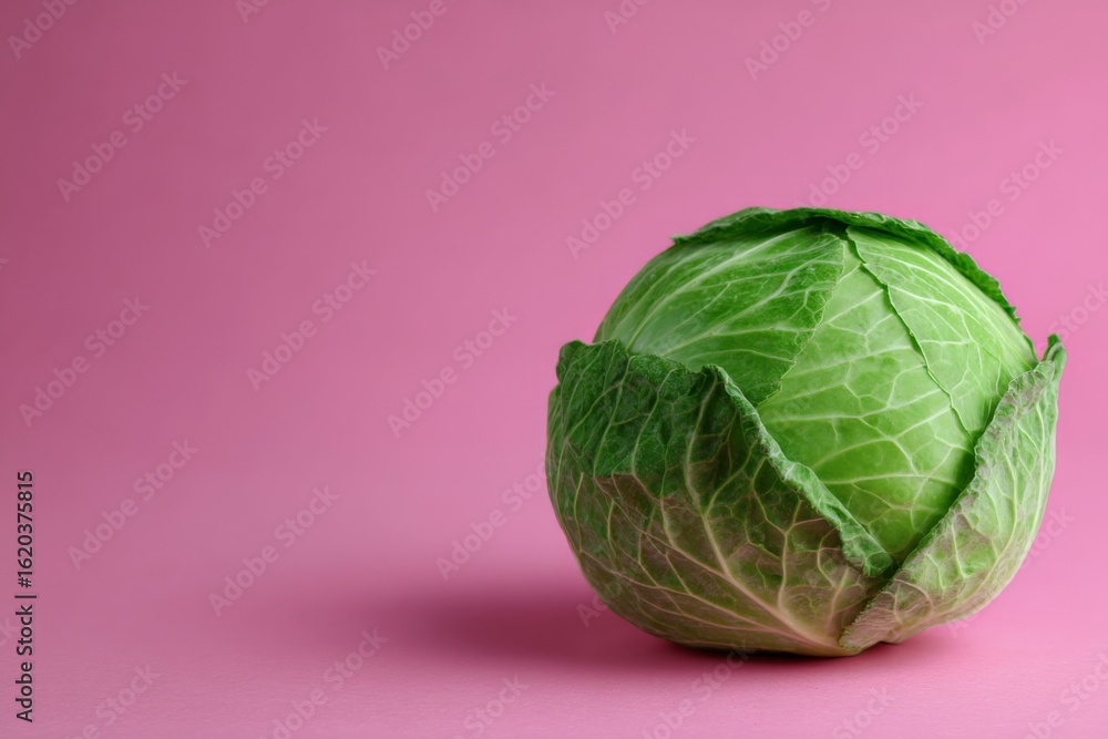Poster fresh green cabbage placed against a pink background highlights its texture and color in a simple ye