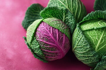 Fototapeta premium Fresh green and purple cabbage on a vibrant pink background showcasing natural textures and colors