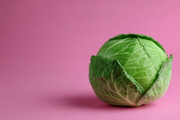 Fototapeta premium Fresh green cabbage placed against a pink background highlights its texture and color in a simple yet striking composition