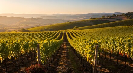 Fototapeta premium Vineyard Landscape: Golden Hour Sunlit Grapevines, Rolling Hills, Wine Country Scenery, Autumn Harvest