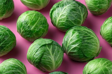 Fototapeta premium Fresh green cabbages displayed on a pink background showcasing their vibrant color and texture