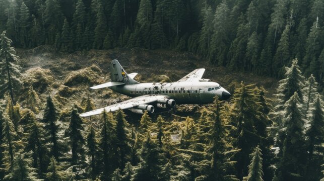 An old, abandoned airplane is surrounded by a dense forest, with a mountain in the background.