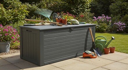 Organized Garden Storage: Gray Box with Tools and Lush Greenery Backdrop