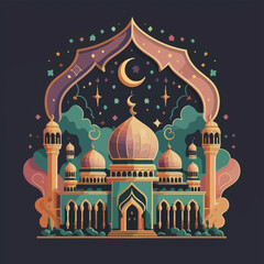 illustrations vector icon collection of Ramadan Islamic symbols items and a mosque.
