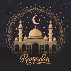 illustrations vector icon collection of Ramadan Islamic symbols items and a mosque.

