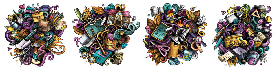 Obraz premium School cartoon vector doodle designs set.