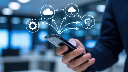 Businessman holding a smartphone visualize a network diagram with icons. businessman touching virtual screen