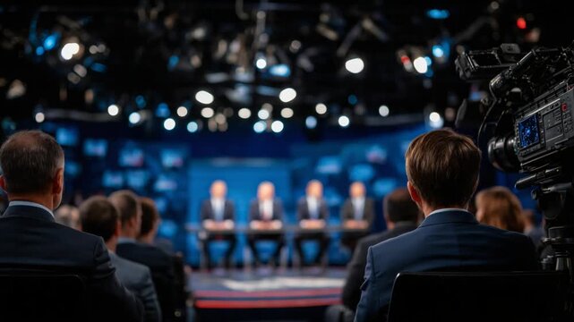 Engage in a gripping political debate as candidates face off on stage under the spotlight, with an attentive audience and cameras capturing every moment.