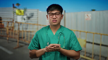 Young man in green scrubs feeling cold at a construction site, with a stethoscope around his neck,...