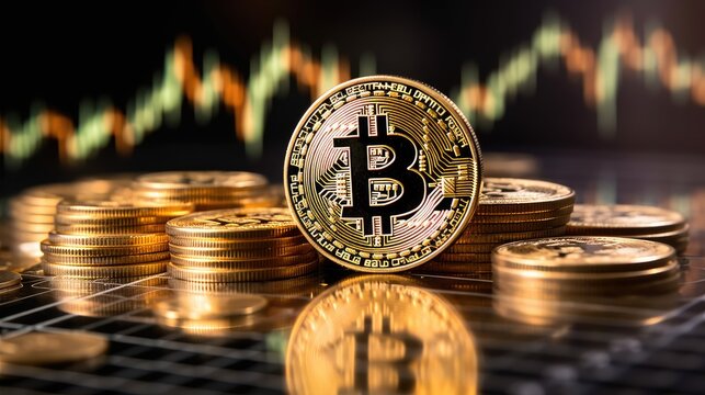 A stack of coins with a Bitcoin symbol on top, placed on a table with a blurred financial graph in the background.