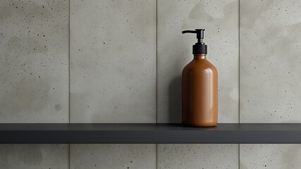 Illustration of a brown pump bottle sits on a sleek black shelf against a textured concrete wall, creating a minimalist and modern bathroom aesthetic