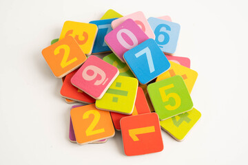 Number wood block cubes for learning Mathematic, education math concept.