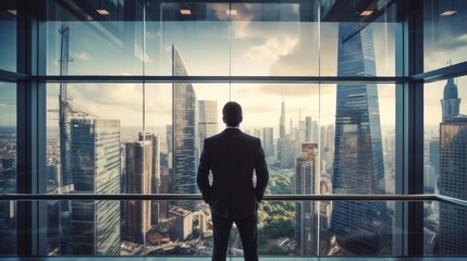 Fototapeta premium A businessman standing in a modern office with a city skyline visible through the glass windows.