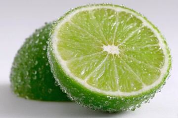 Freshly sliced lime with droplets glistening on the bright green surface in a close-up view