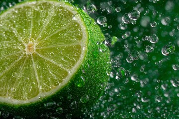 Freshly cut lime surrounded by water droplets with a green background showcasing vibrant textures and details at a close range