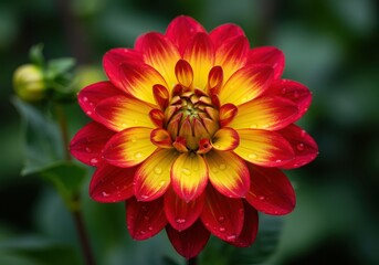 Vibrant bicolor dahlia flower with red and yellow petals, featuring water droplets, in a garden setting with a blurred green background, closeup view