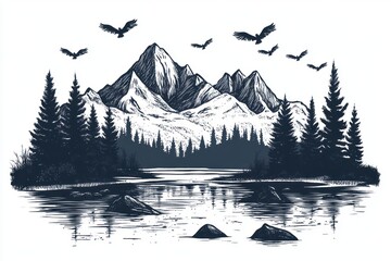 Landscape with mountains illustration nature birds.