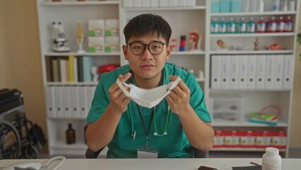 Young doctor removes mask in a clinic room, showcasing a confident expression in an indoor hospital...