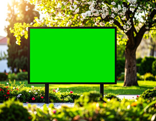 Empty Green Screen Billboard in Garden Town