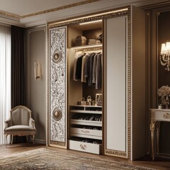 Luxurious walk-in closet with ornate details
