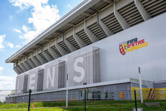 Lens, France - May 11, 2025: Rear view of the Delacourt grandstand of the Bollaert-Delelis stadium, home ground of the RC Lens football club, where the motto "Proud to be from Lens" can be read.