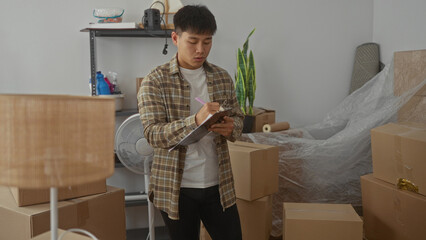 Young man taking notes in a living room filled with moving boxes, capturing a moment of...