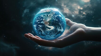 The 8k realism is illustrated with a large hand projected on the entire surface, holding a round sphere (the earth) in a floating position. 