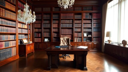 Luxurious mahogany library with leather armchair and ornate chandeliers