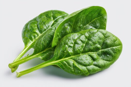 Fresh green spinach leaves with water droplets isolated on a white background, ideal for healthy recipes and nutrition