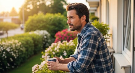 A man in a plaid shirt standing on a balcony with a cup of coffee, enjoying the view of a garden.