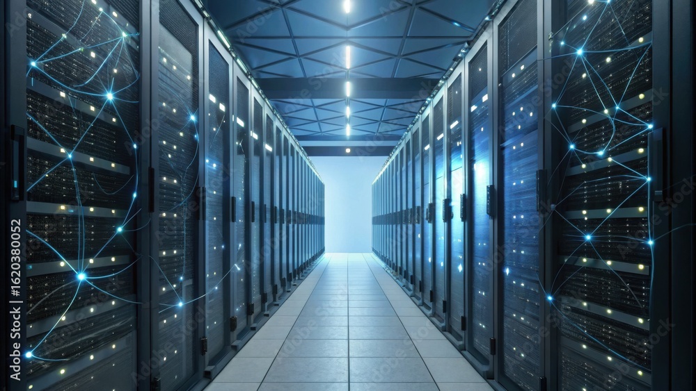 Poster a modern data center corridor lined with server racks, illuminated by overhead lights, featuring dig