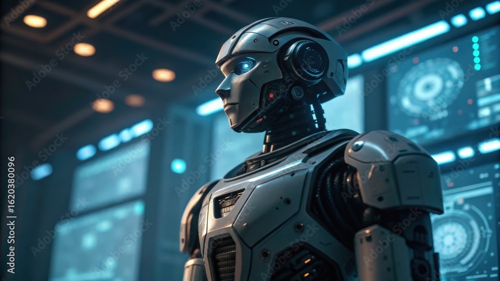 Poster a futuristic robot stands in a high-tech environment, illuminated by glowing screens, showcasing adv