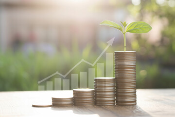 Stacked coins representing financial growth with a growing plant and increasing graph
