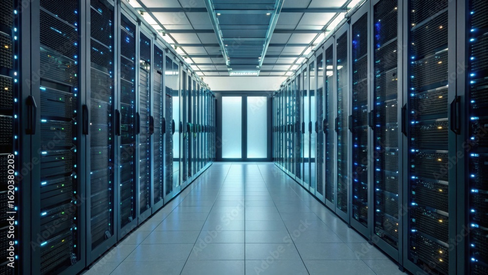Poster a modern server room filled with rows of high-tech servers, illuminated by blue led lights, creating