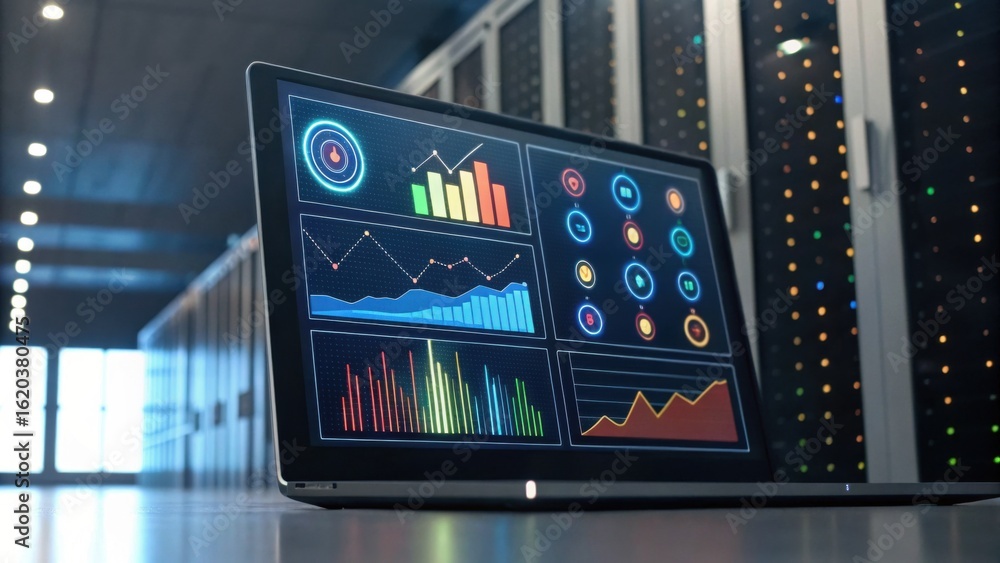 Poster a sleek laptop displays colorful data visualizations in a modern server room.
