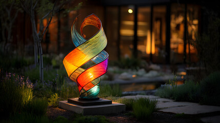 **Illuminated colorful glass spiral sculpture in a garden setting, adding vibrant energy to the space