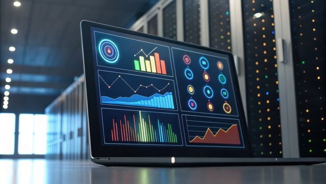 A sleek laptop displays colorful data visualizations in a modern server room.