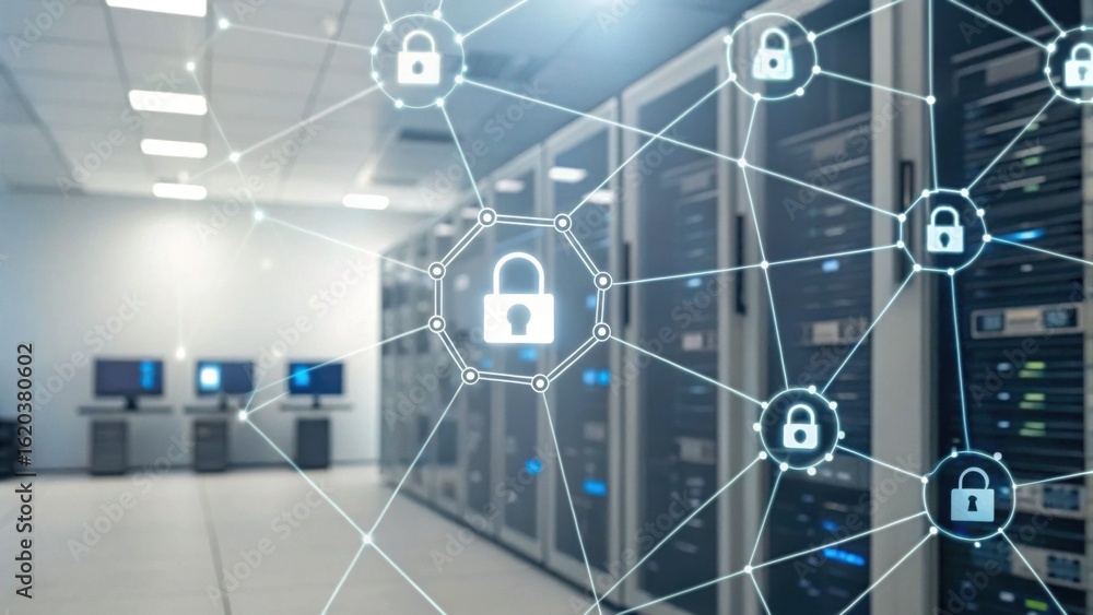 Poster a modern server room with network connectivity icons, symbolizing cybersecurity and data protection 